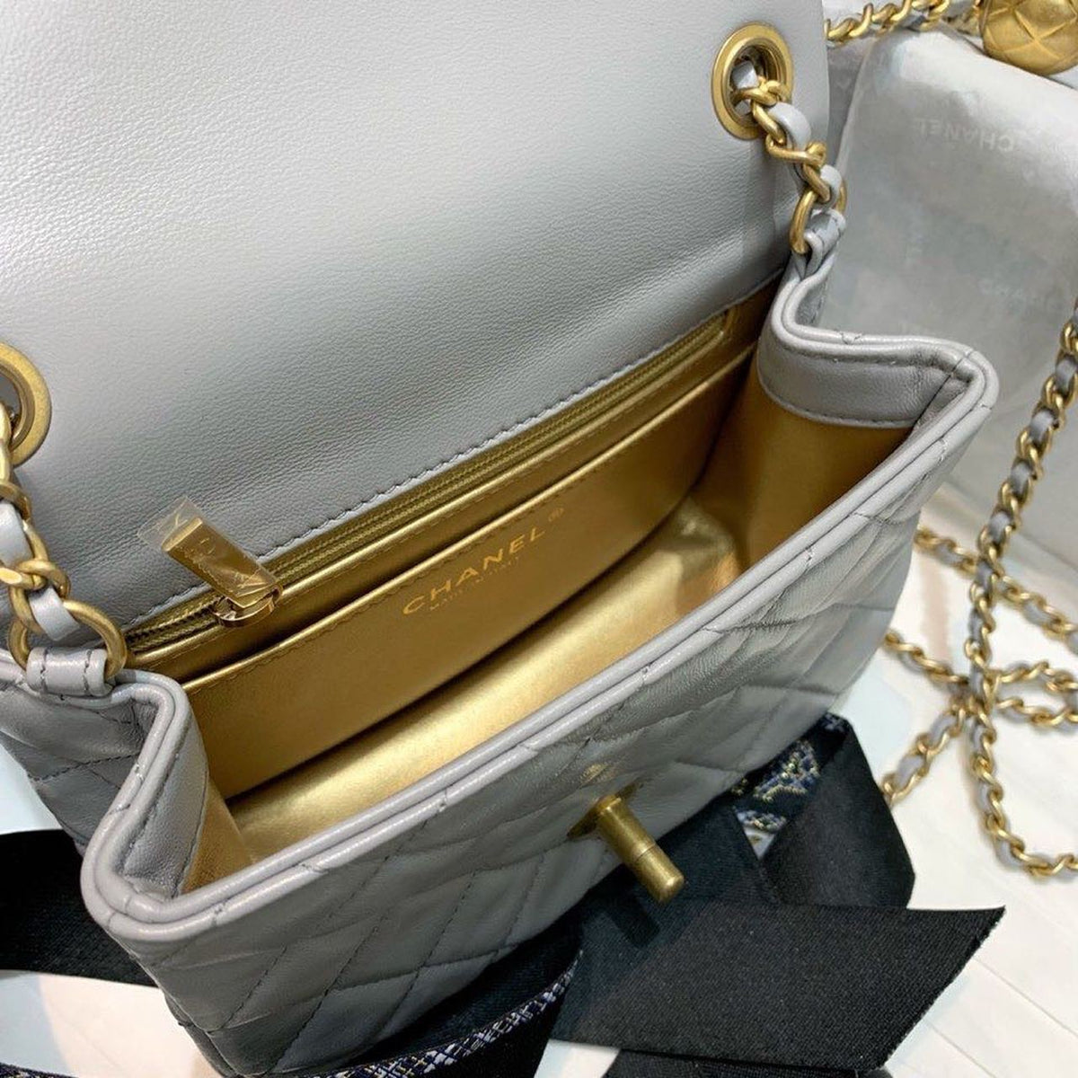 Chanel Classic Flap With Charm Chain With CC Details On Strap Bag 18cm Gold Hardware Lambskin Leather Spring/Summer…