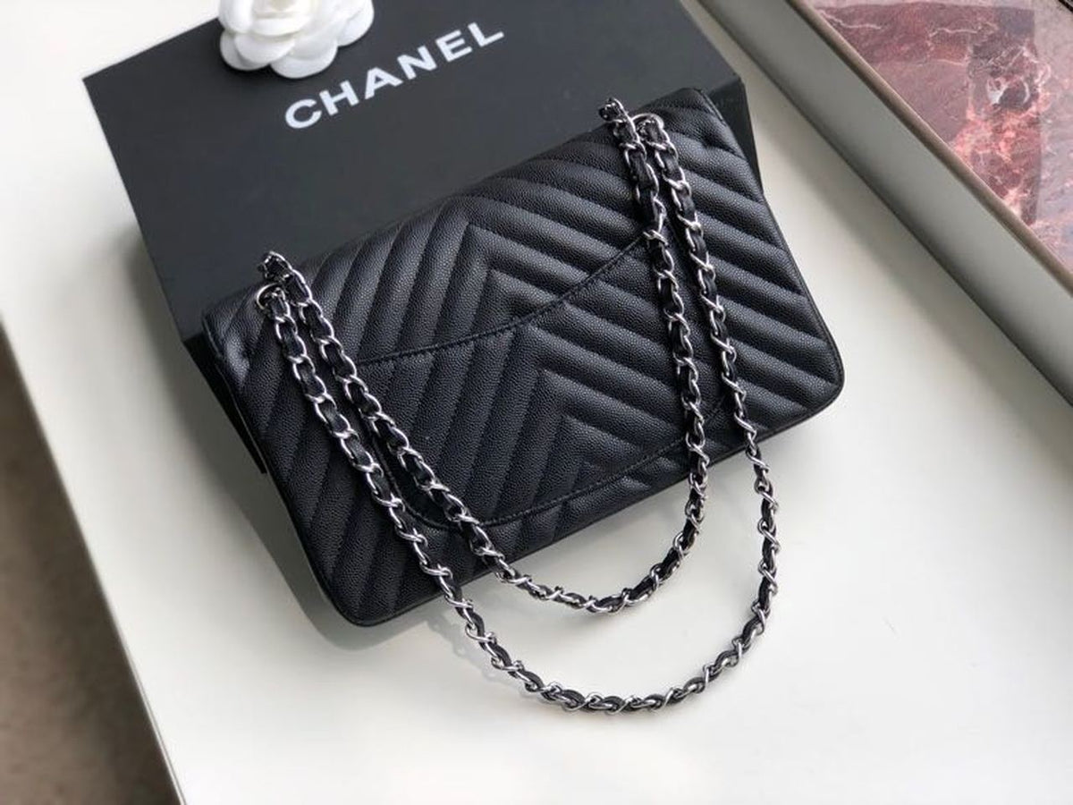Chanel Chevron Classic Flap Bag 25cm Silver Hardware Caviar Leather Spring/Summer Collection Black – product image 7