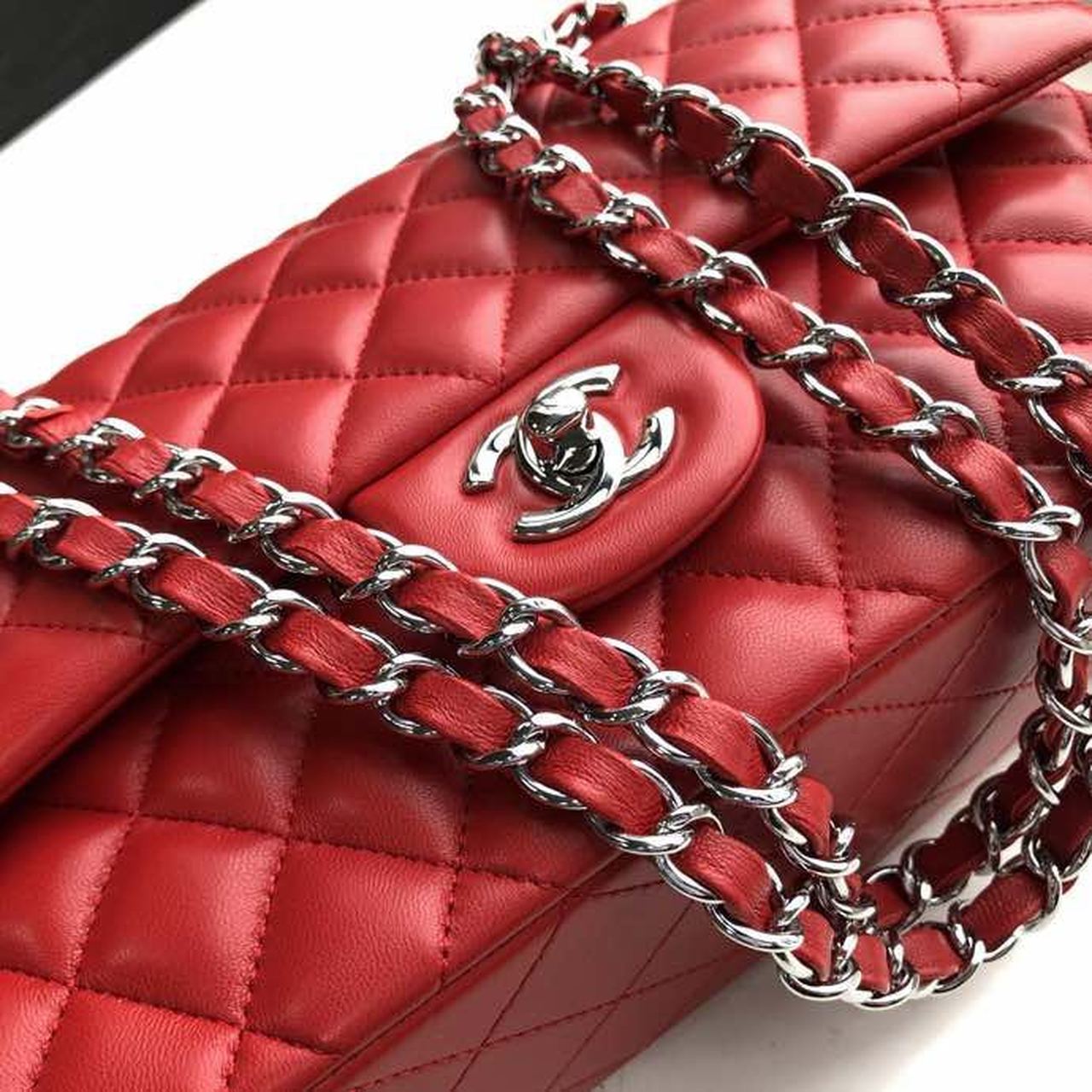 Chanel Classic Flap Bag 25cm Silver Hardware Lambskin Leather Spring/Summer Collection Red – product image 10