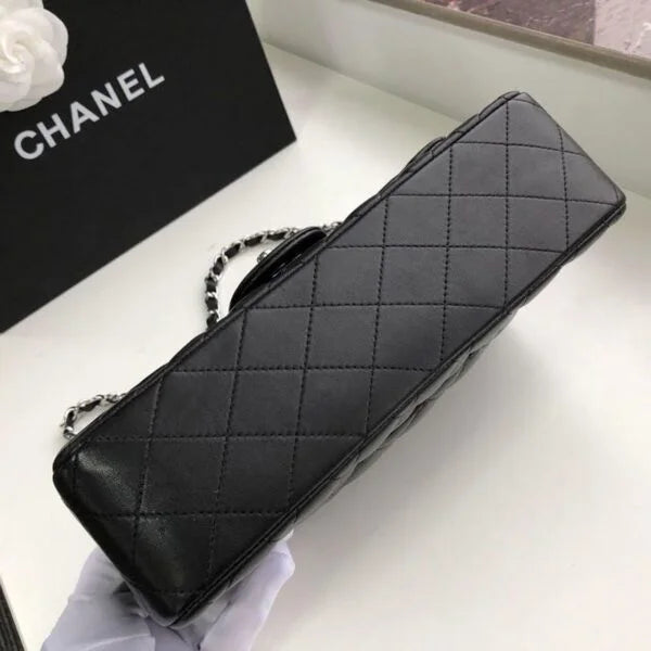 Chanel Classic Flap Bag 25cm Lambskin Leather Silver Hardware Black