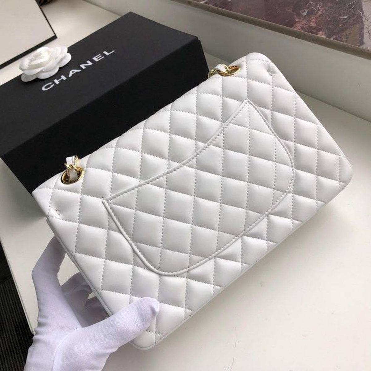 Chanel Classic Flap Bag 25cm Gold Hardware Lambskin Leather Spring/Summer Collection White – product image 10