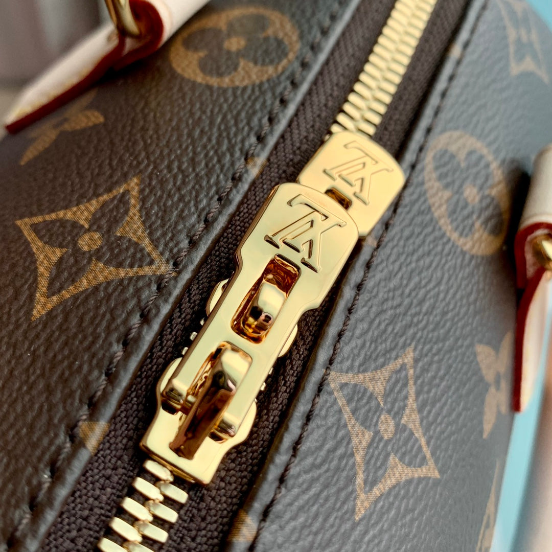 X Yk Speedy Bandoulière 20 in Brown Monogram Coated Canvas and Calfskin