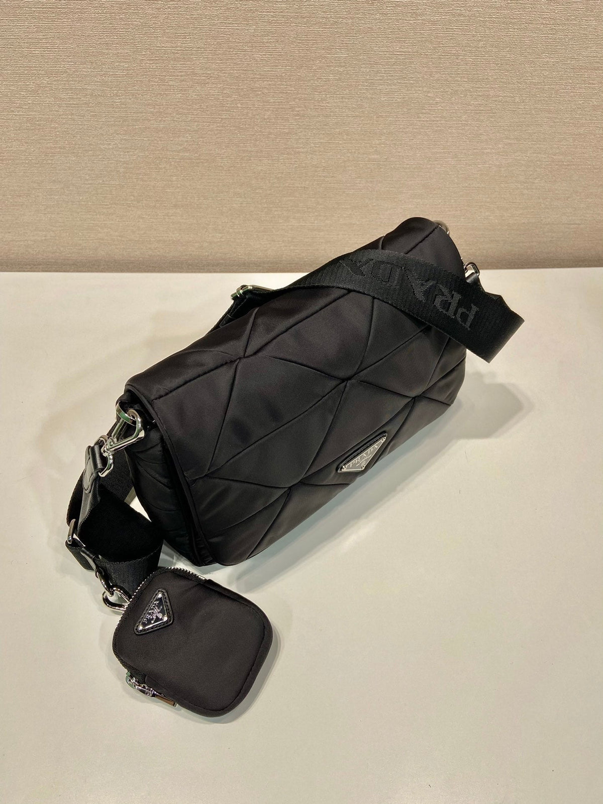 Medium Flap Bag 24 in Black Triangular Quilted Pattern Re-nylon