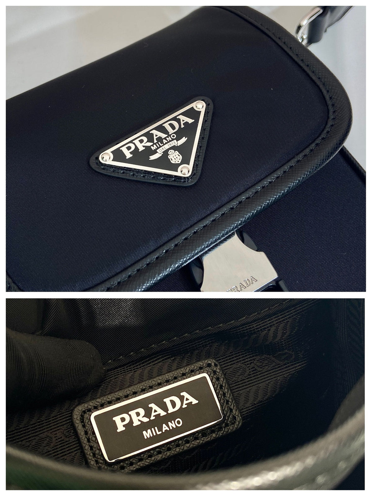 Phone Bag 19 in Black Re-nylon and Saffiano Leather Trim