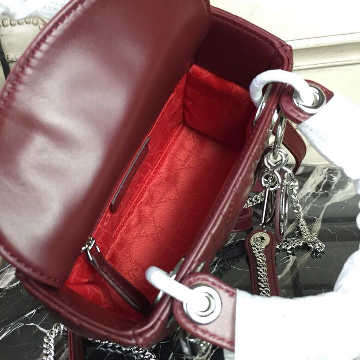 Christian Dior Mini Lady Dior Bag 18cm with Chain Silver Hardware Lambskin Leather Spring/Summer Collection, Burgundy –…