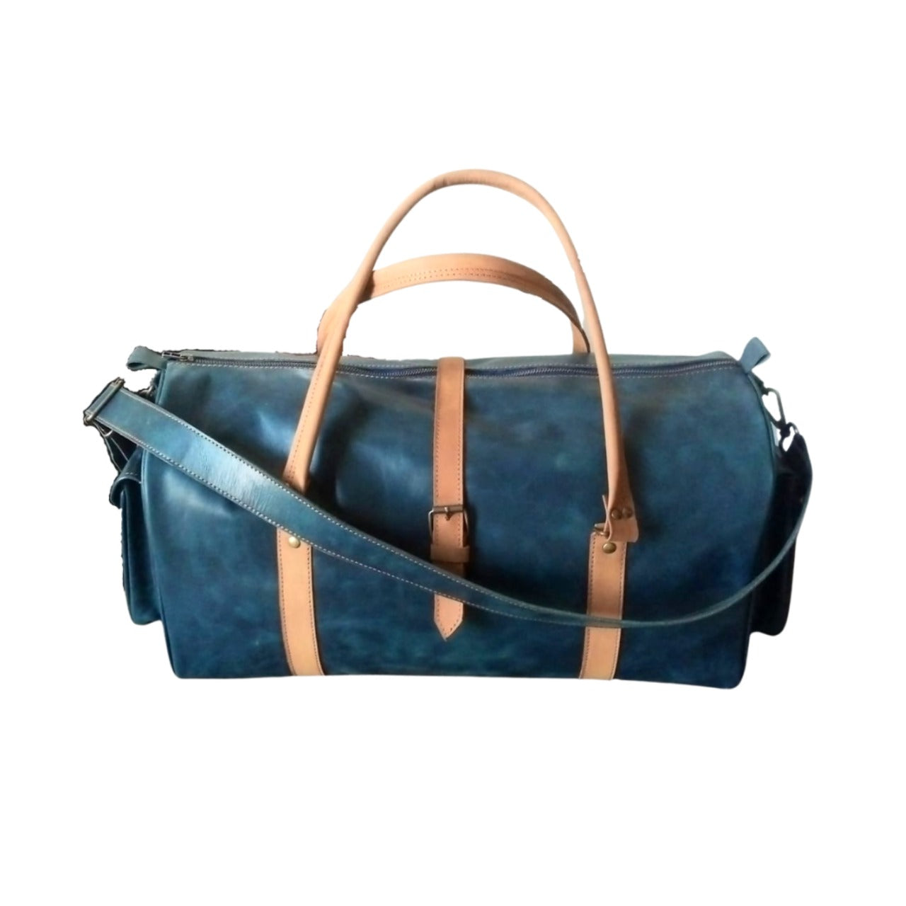 Navy Full-Grain Cow Pull-Up Leather Duffel Bag – Travel Weekender | Jacketcart