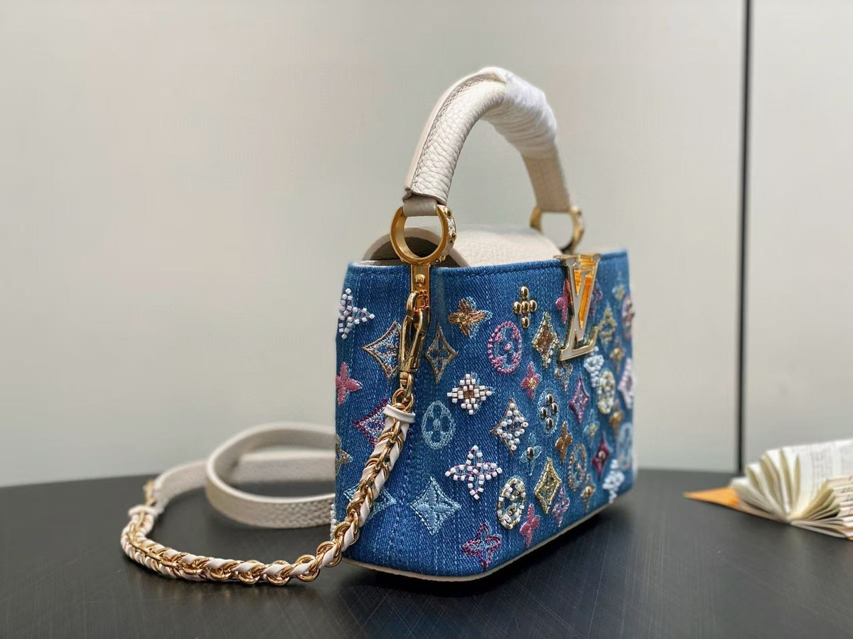 LV Capucines Bag 21 Pinic in Colorful Denim Gold Hardware