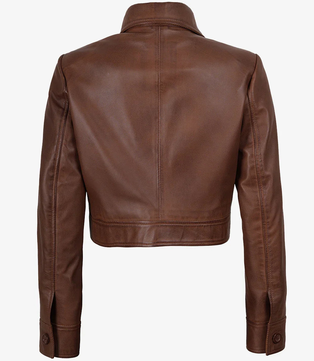Jacketcart Women’s Cognac Brown Cropped Shirt Collar Leather Jacket