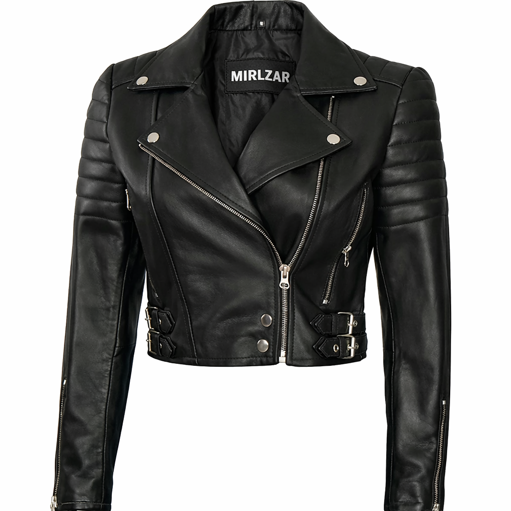 Jacketcart Women's Black Cropped Asymmetrical Leather Moto Jacket