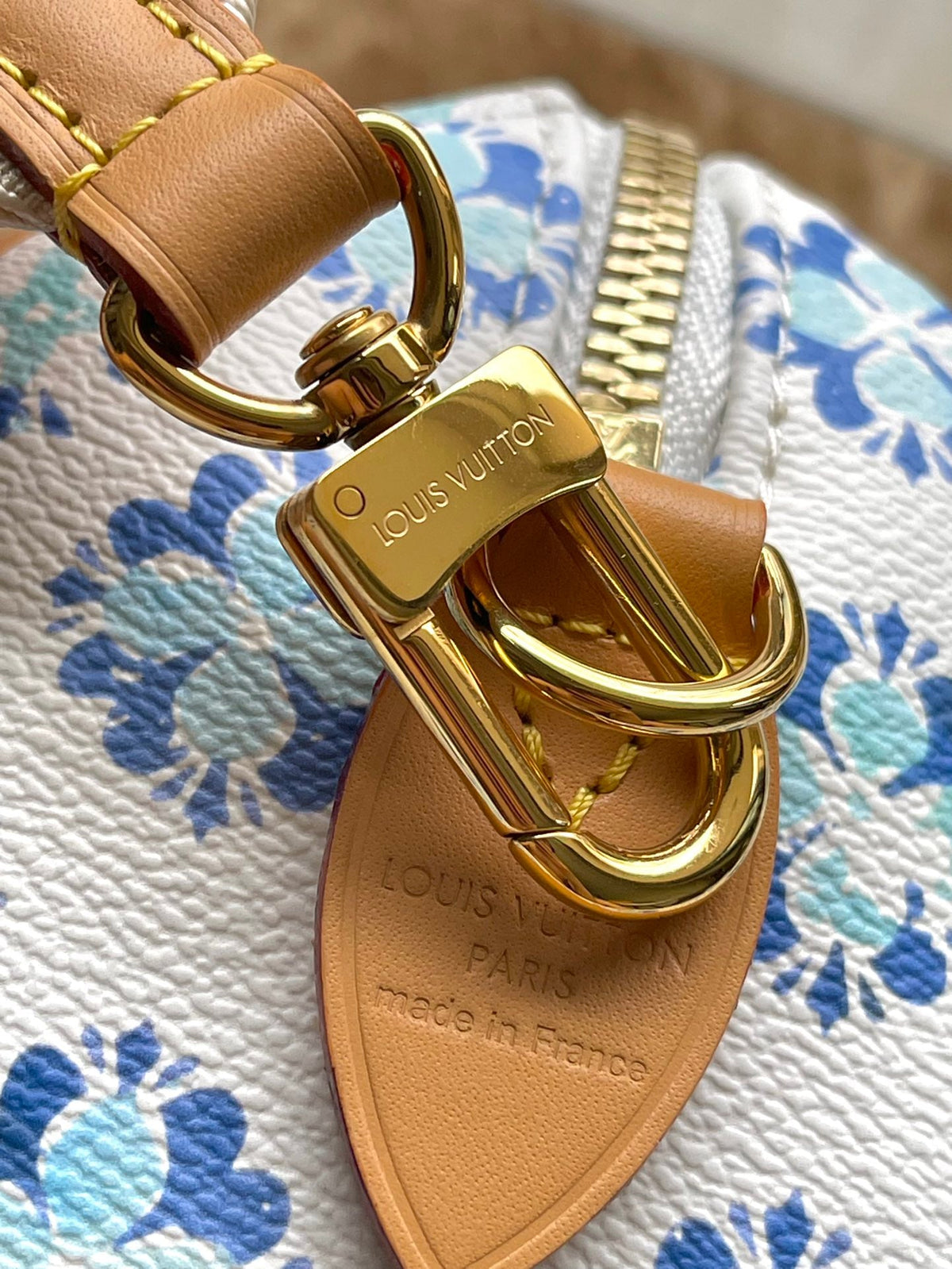 Speedy Bandoulière 20 in Lagoon Blue Monogram Tiles Canvas Gold Buckle