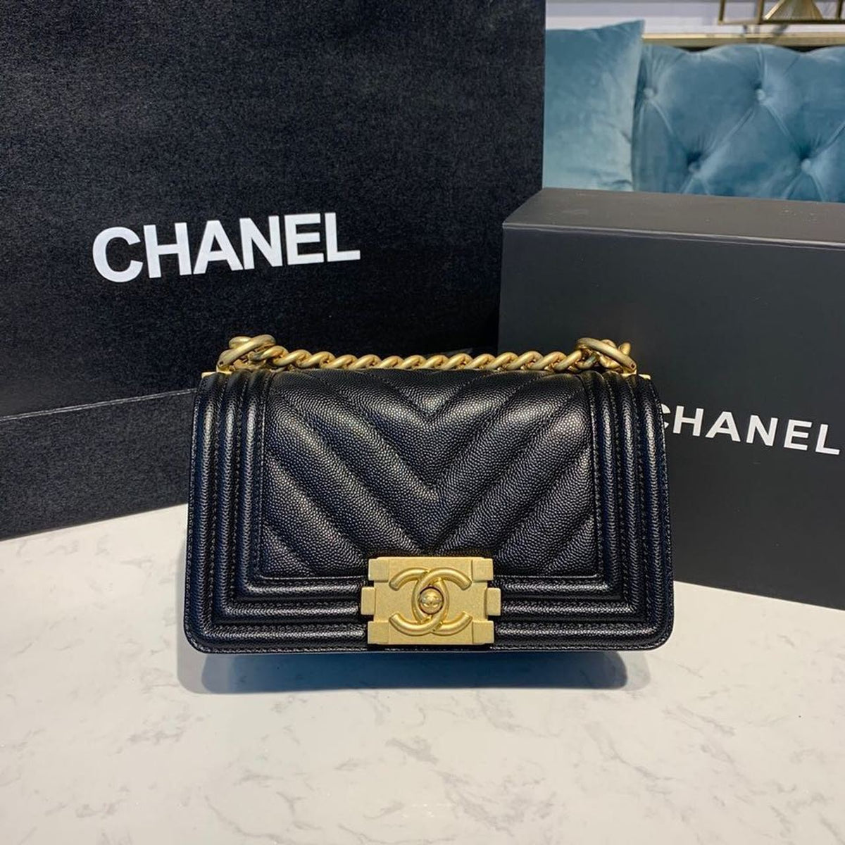Chanel Chevron Boy Bag 20cm Caviar Leather Antique Gold Hardware Fall/Winter Act 1 Collection Black – product image 1