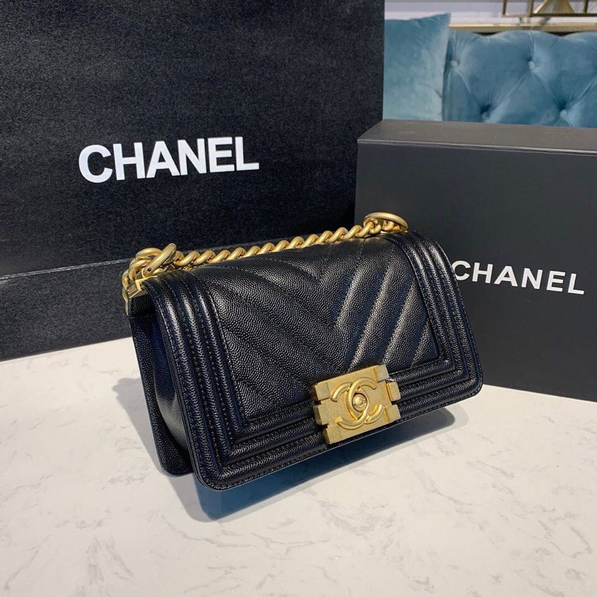Chanel Chevron Boy Bag 20cm Caviar Leather Antique Gold Hardware Fall/Winter Act 1 Collection Black – product image 4