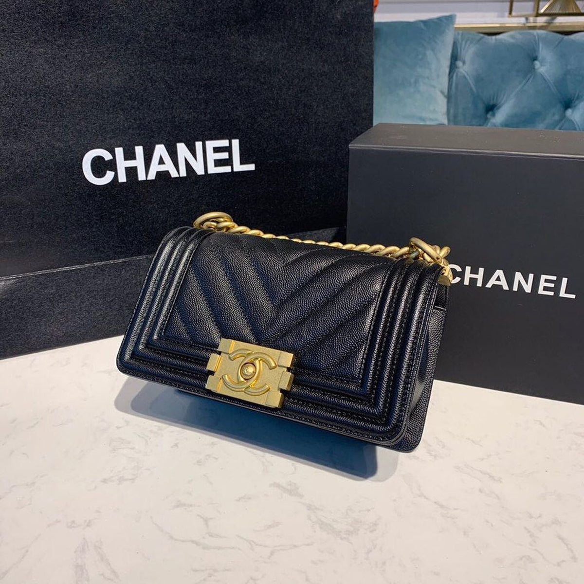 Chanel Chevron Boy Bag 20cm Caviar Leather Antique Gold Hardware Fall/Winter Act 1 Collection Black – product image 3