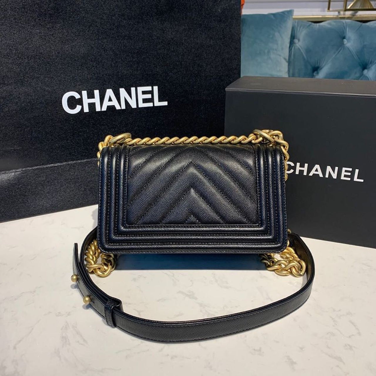 Chanel Chevron Boy Bag 20cm Caviar Leather Antique Gold Hardware Fall/Winter Act 1 Collection Black – product image 6