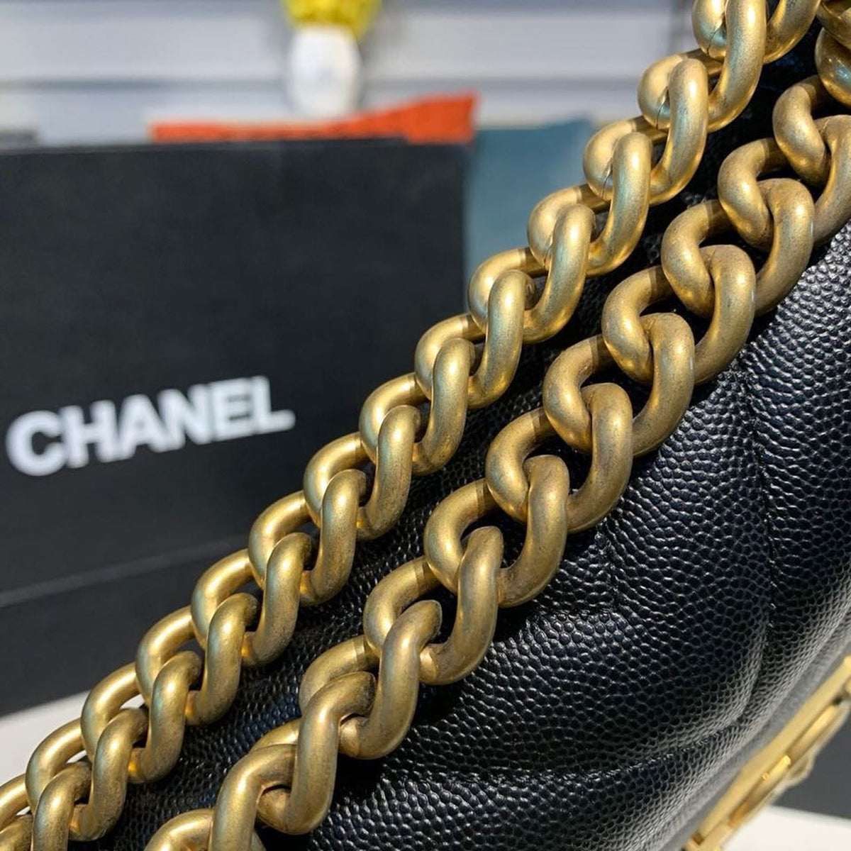 Chanel Chevron Boy Bag 20cm Caviar Leather Antique Gold Hardware Fall/Winter Act 1 Collection Black – product image 12