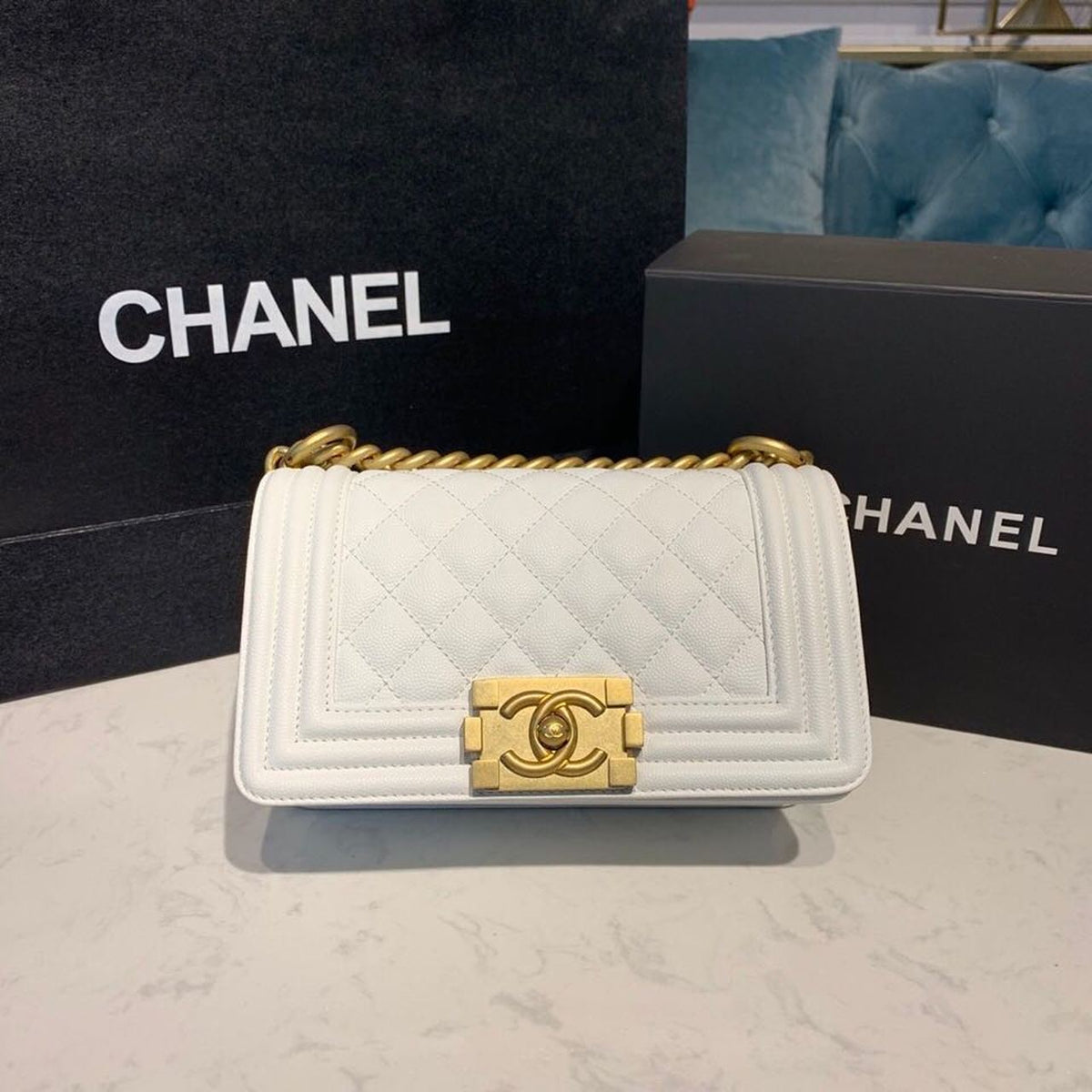 Chanel Quilted Boy Bag 20cm Caviar Leather Antique Gold Hardware Fall/Winter Act 1 Collection White – product image 1