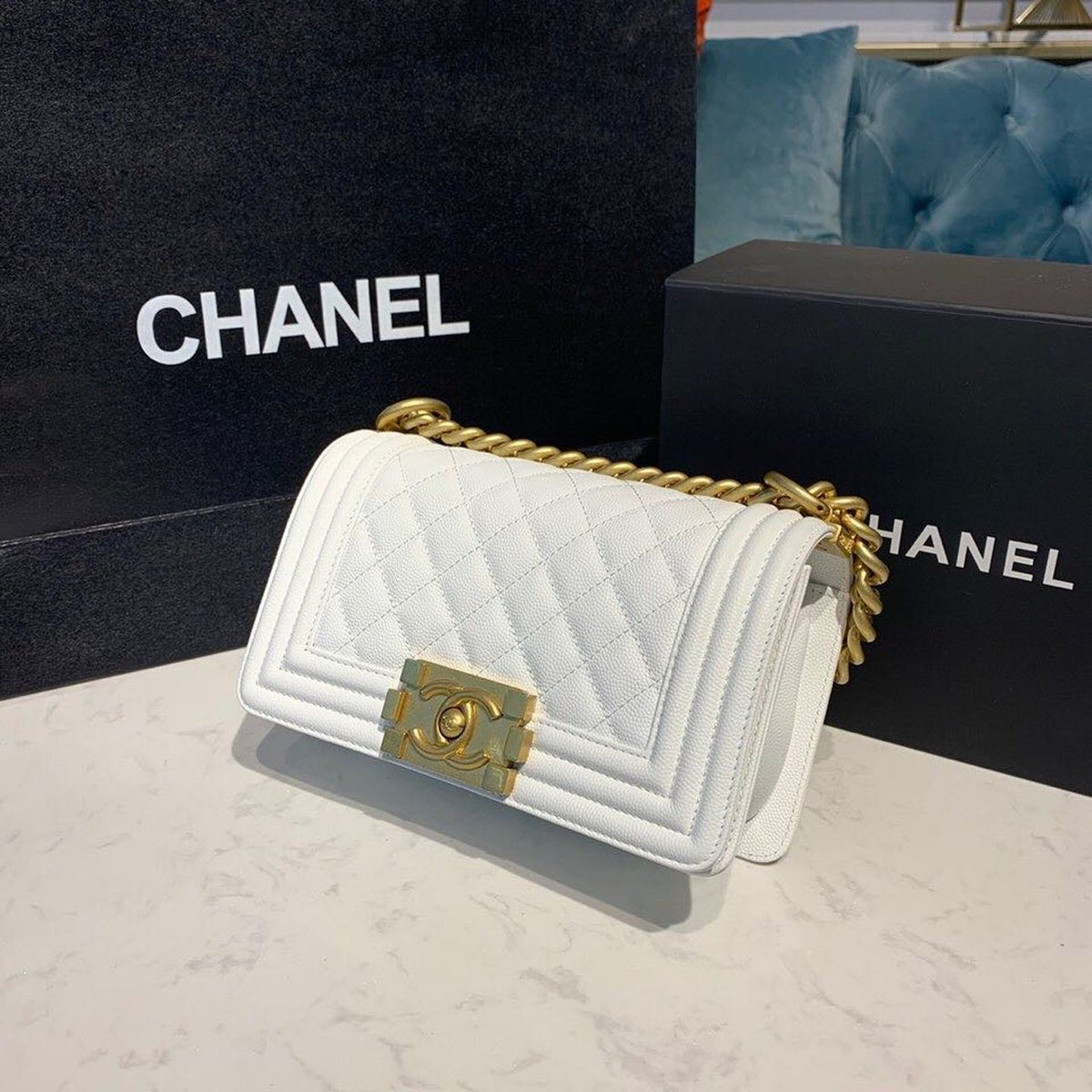 Chanel Quilted Boy Bag 20cm Caviar Leather Antique Gold Hardware Fall/Winter Act 1 Collection White – product image 3