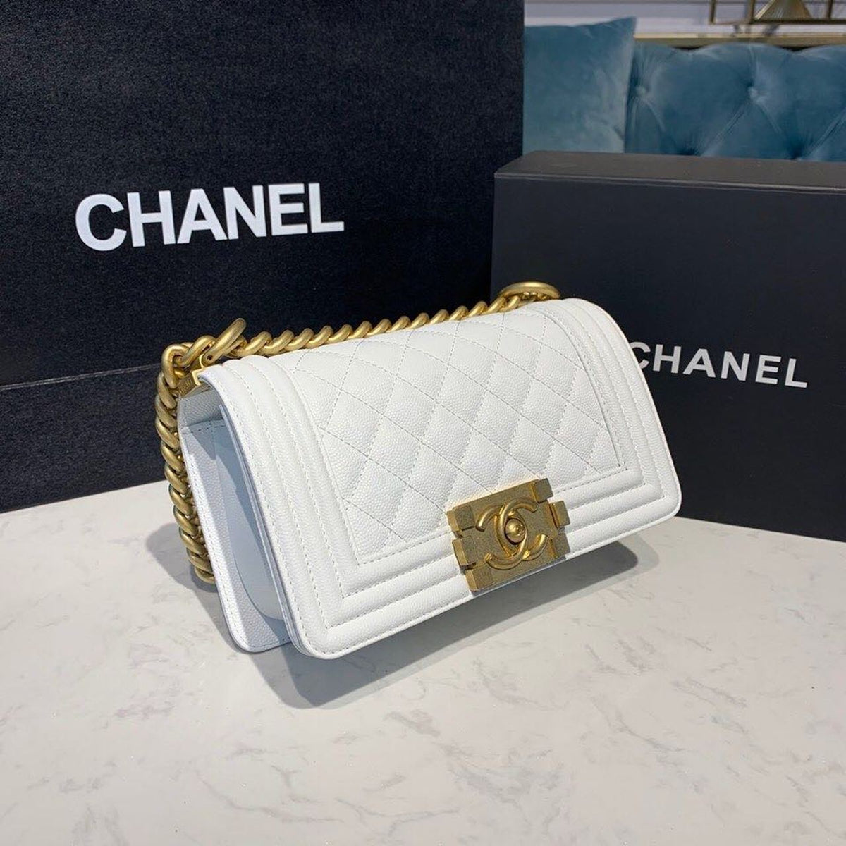 Chanel Quilted Boy Bag 20cm Caviar Leather Antique Gold Hardware Fall/Winter Act 1 Collection White – product image 4
