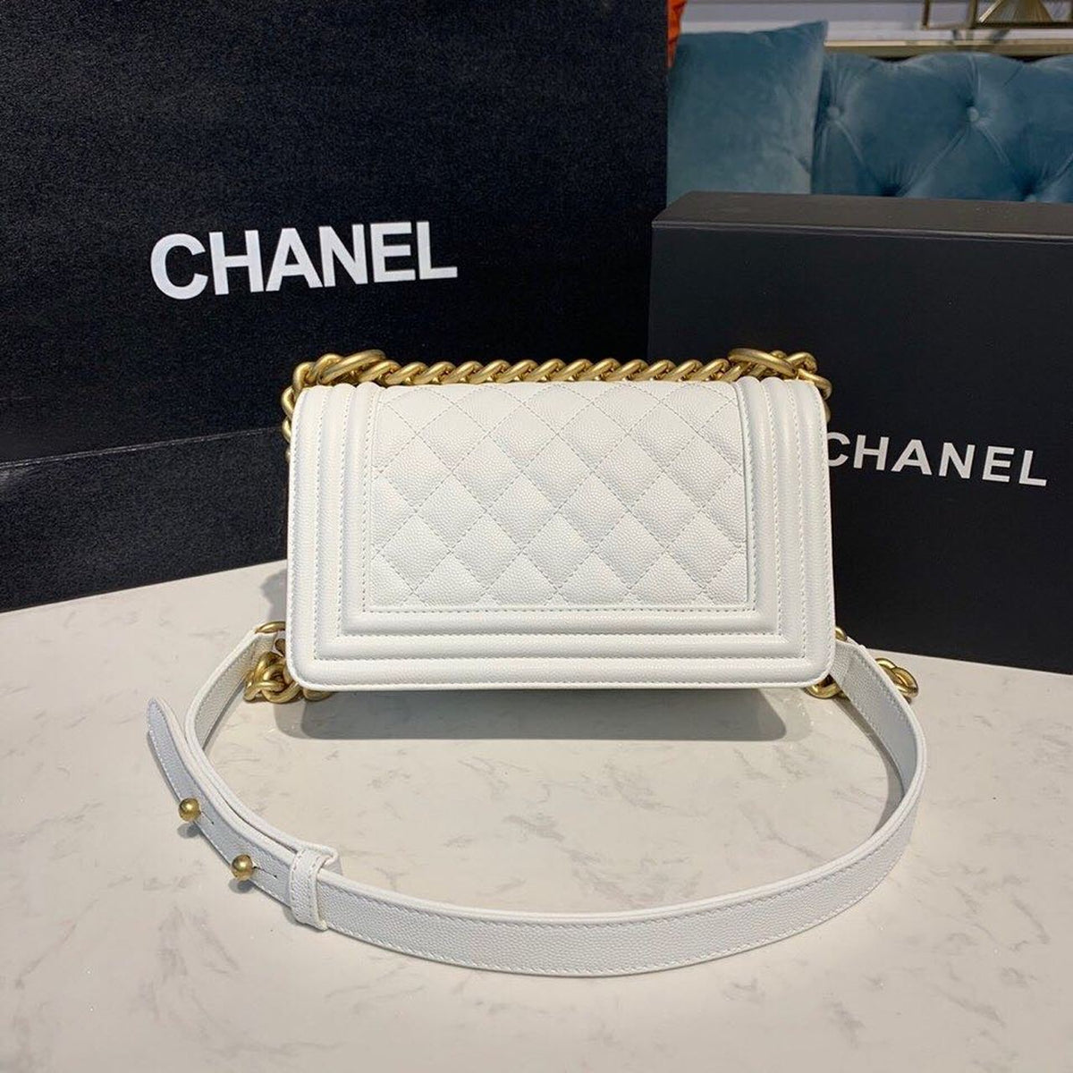 Chanel Quilted Boy Bag 20cm Caviar Leather Antique Gold Hardware Fall/Winter Act 1 Collection White – product image 7