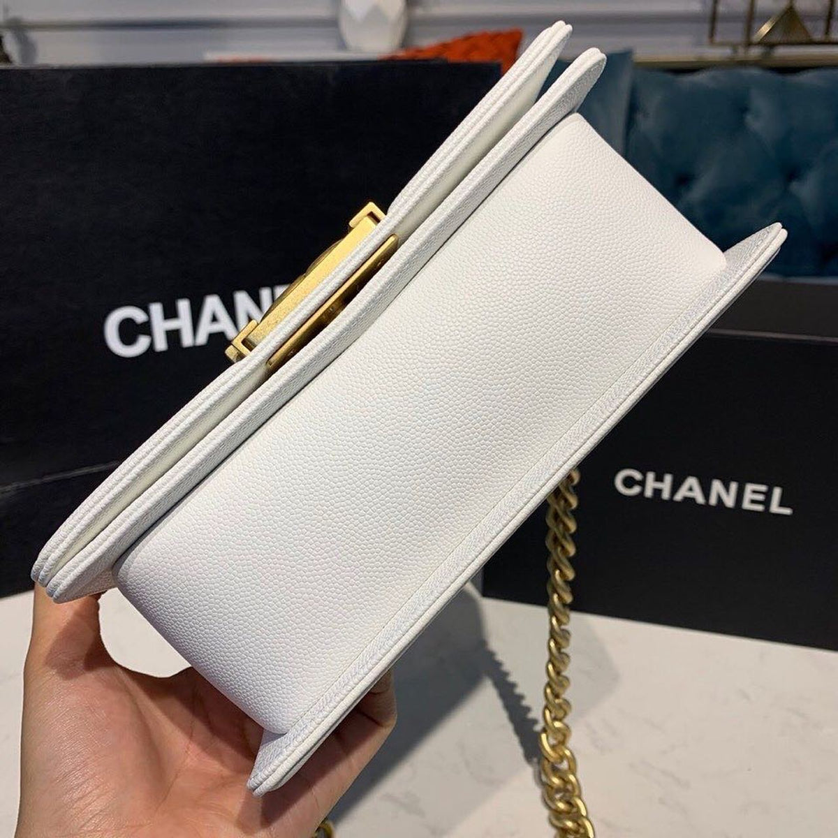 Chanel Quilted Boy Bag 20cm Caviar Leather Antique Gold Hardware Fall/Winter Act 1 Collection White – product image 5