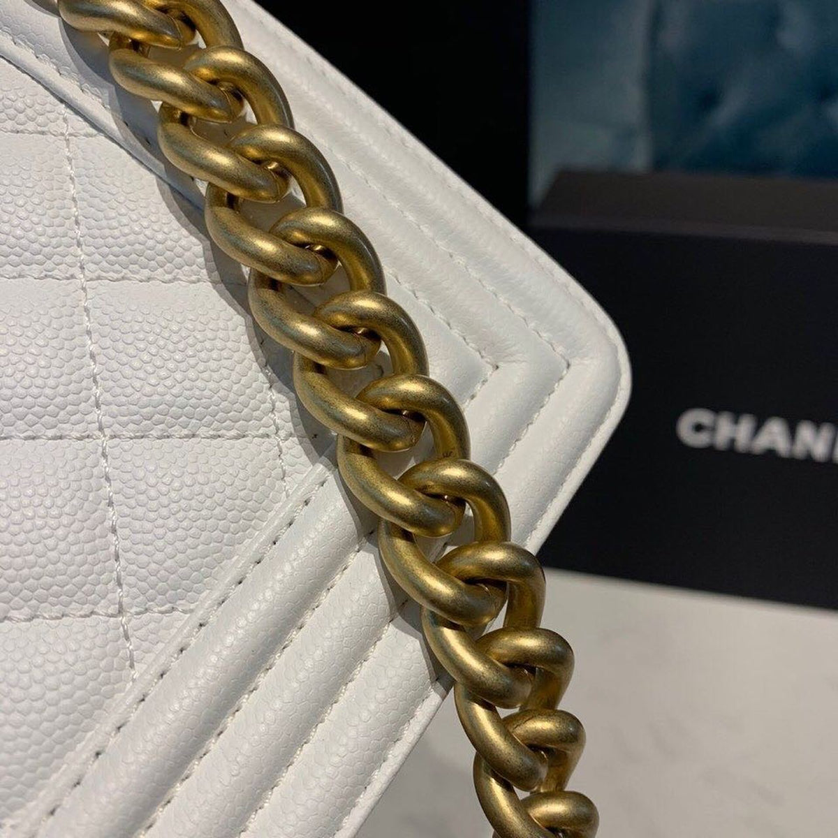 Chanel Quilted Boy Bag 20cm Caviar Leather Antique Gold Hardware Fall/Winter Act 1 Collection White – product image 9