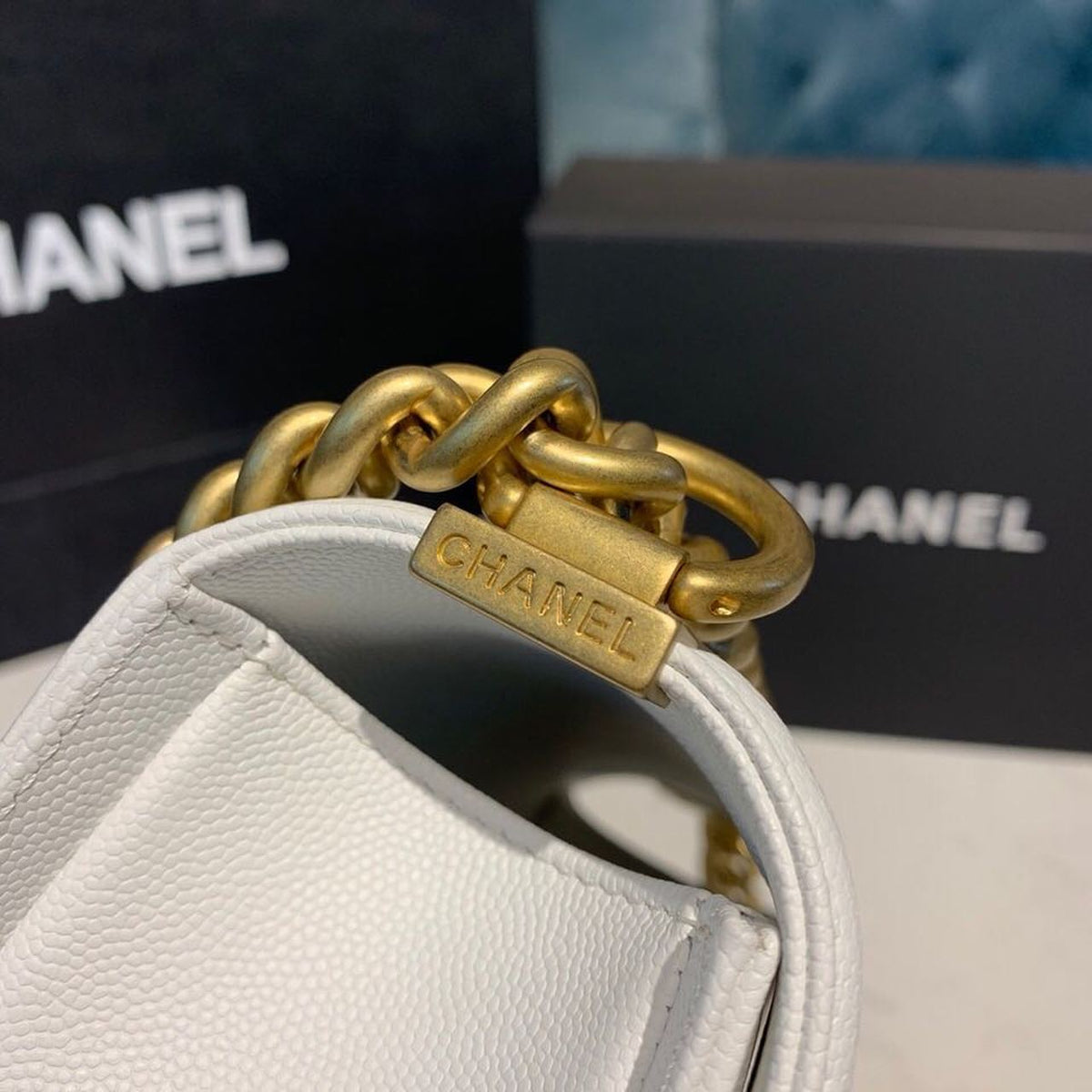 Chanel Quilted Boy Bag 20cm Caviar Leather Antique Gold Hardware Fall/Winter Act 1 Collection White – product image 10