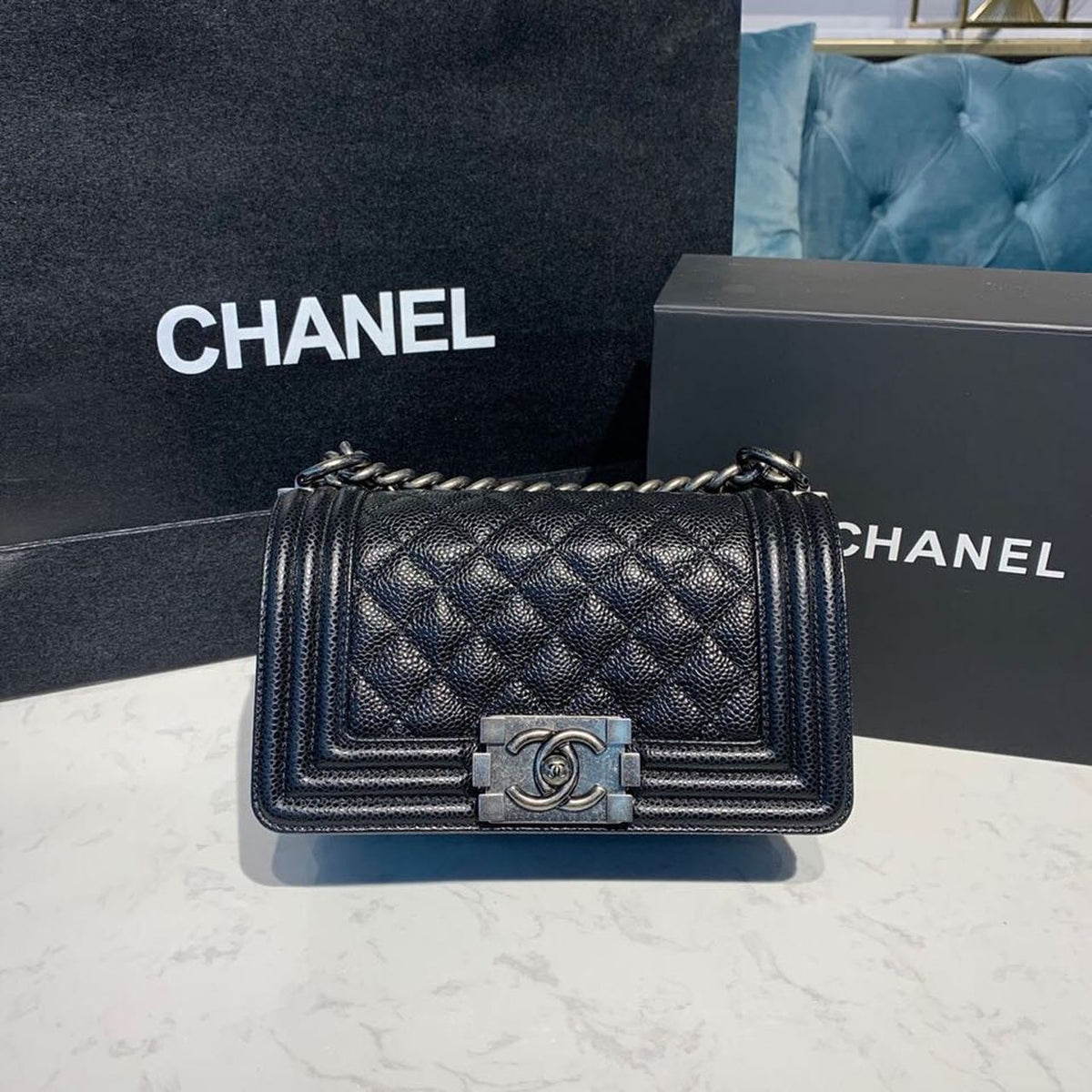 Chanel Quilted Boy Bag 20cm Caviar Leather Antique Silver Hardware Fall/Winter Act 1 Collection Black – product image 1