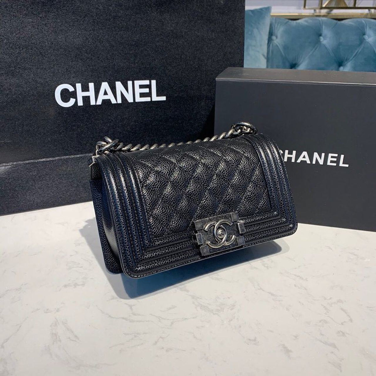 Chanel Quilted Boy Bag 20cm Caviar Leather Antique Silver Hardware Fall/Winter Act 1 Collection Black – product image 3