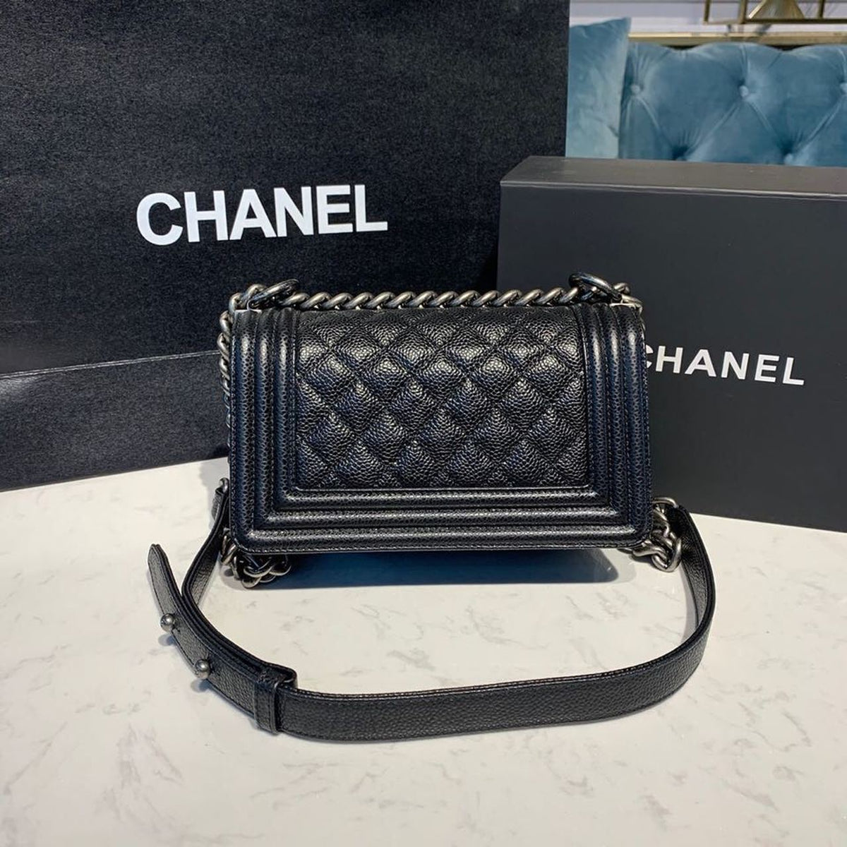 Chanel Quilted Boy Bag 20cm Caviar Leather Antique Silver Hardware Fall/Winter Act 1 Collection Black – product image 5