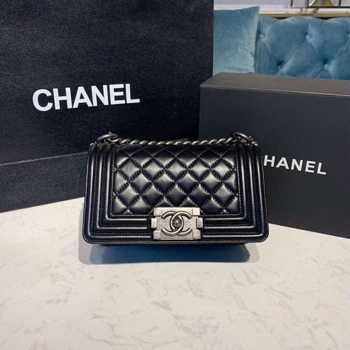 Chanel Quilted Boy Bag 20cm Lambskin Leather Antique Silver Hardware Fall/Winter Act 1 Collection Black – product image 1