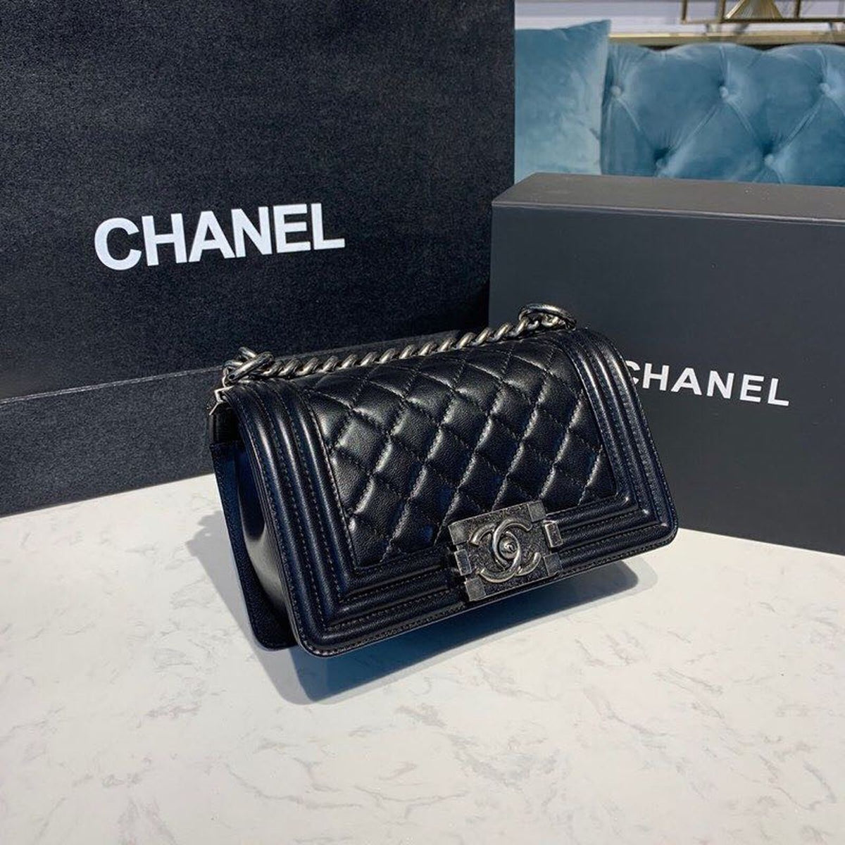 Chanel Quilted Boy Bag 20cm Lambskin Leather Antique Silver Hardware Fall/Winter Act 1 Collection Black – product image 3