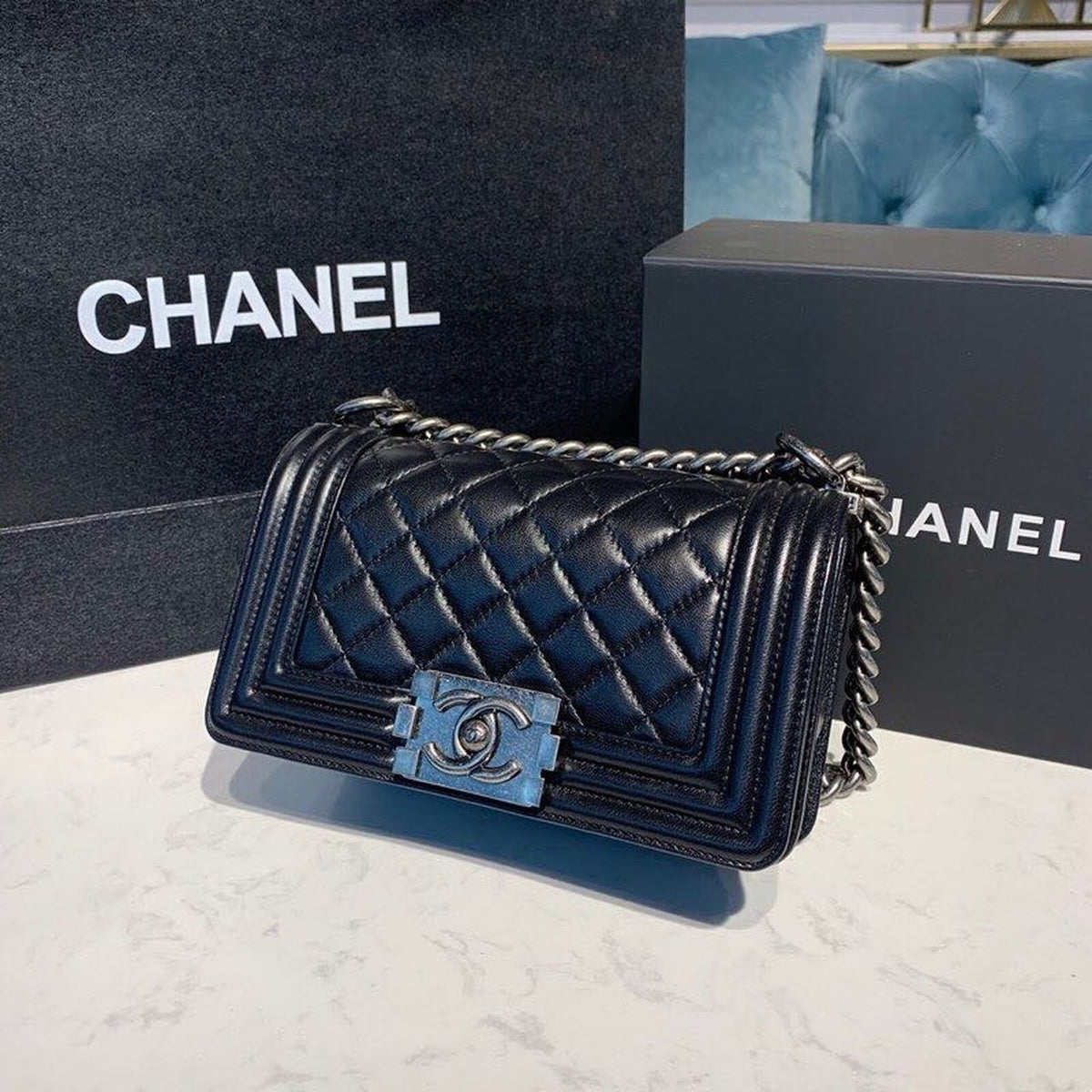 Chanel Quilted Boy Bag 20cm Lambskin Leather Antique Silver Hardware Fall/Winter Act 1 Collection Black – product image 4
