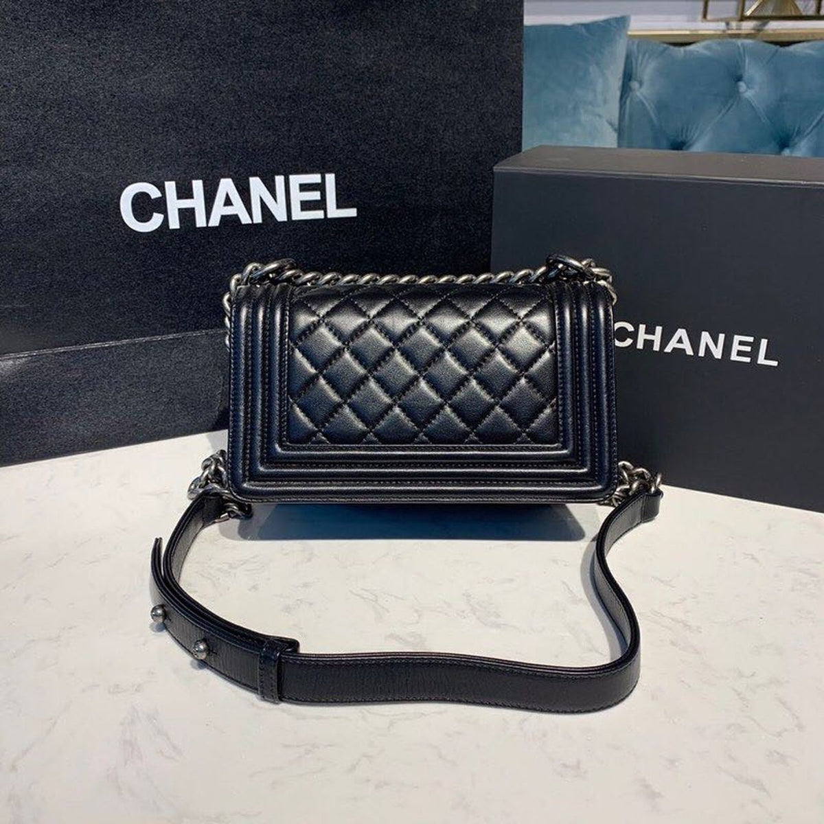 Chanel Quilted Boy Bag 20cm Lambskin Leather Antique Silver Hardware Fall/Winter Act 1 Collection Black – product image 9