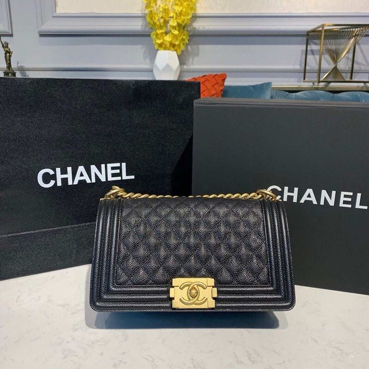 Chanel Quilted Boy Bag 25cm Caviar Leather Antique Gold Hardware Fall/Winter Act 1 Collection Black – product image 2