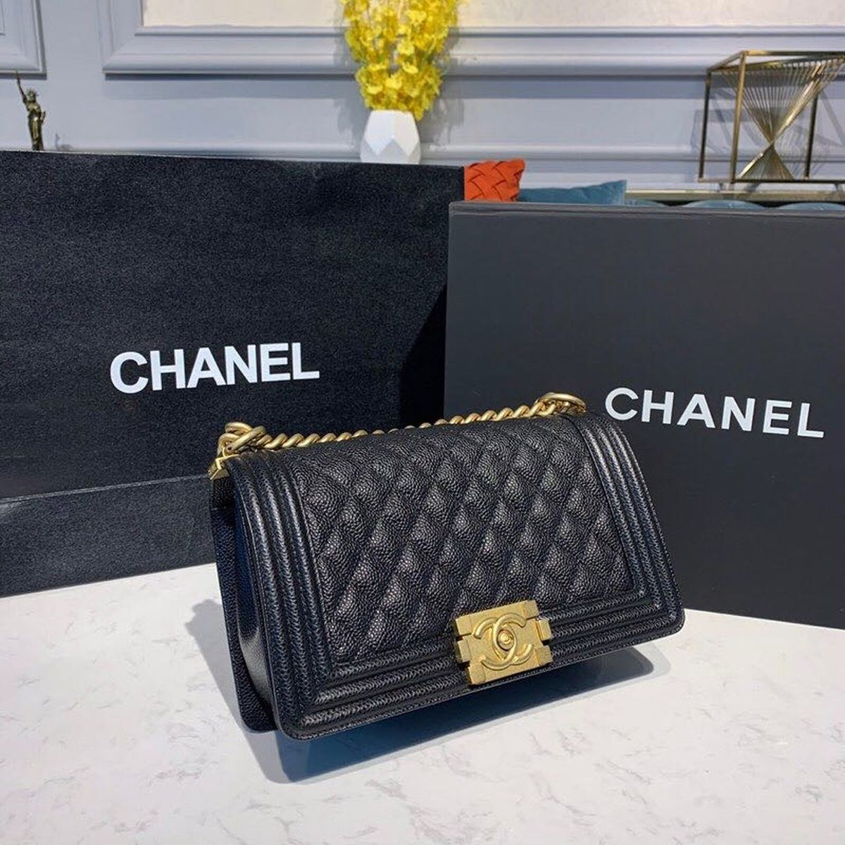 Chanel Quilted Boy Bag 25cm Caviar Leather Antique Gold Hardware Fall/Winter Act 1 Collection Black – product image 3