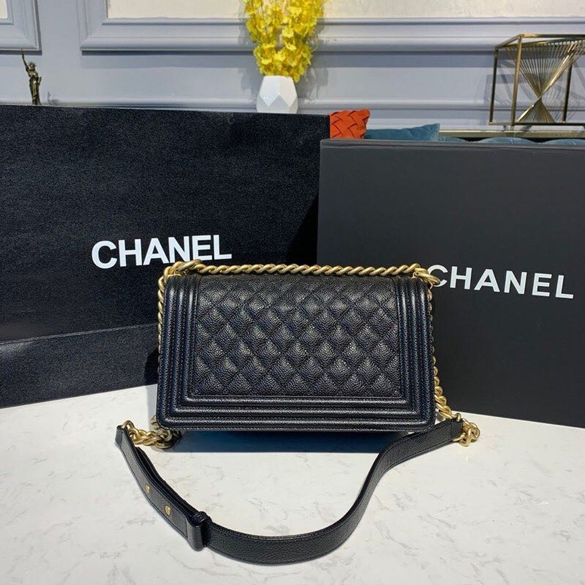 Chanel Quilted Boy Bag 25cm Caviar Leather Antique Gold Hardware Fall/Winter Act 1 Collection Black – product image 5