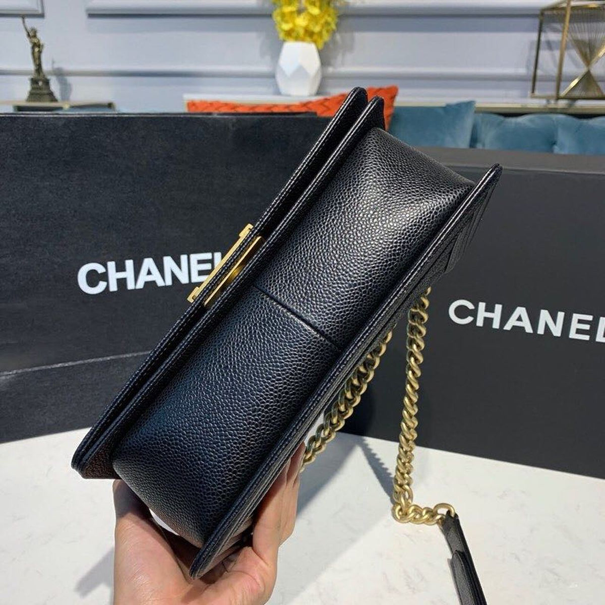 Chanel Quilted Boy Bag 25cm Caviar Leather Antique Gold Hardware Fall/Winter Act 1 Collection Black – product image 4