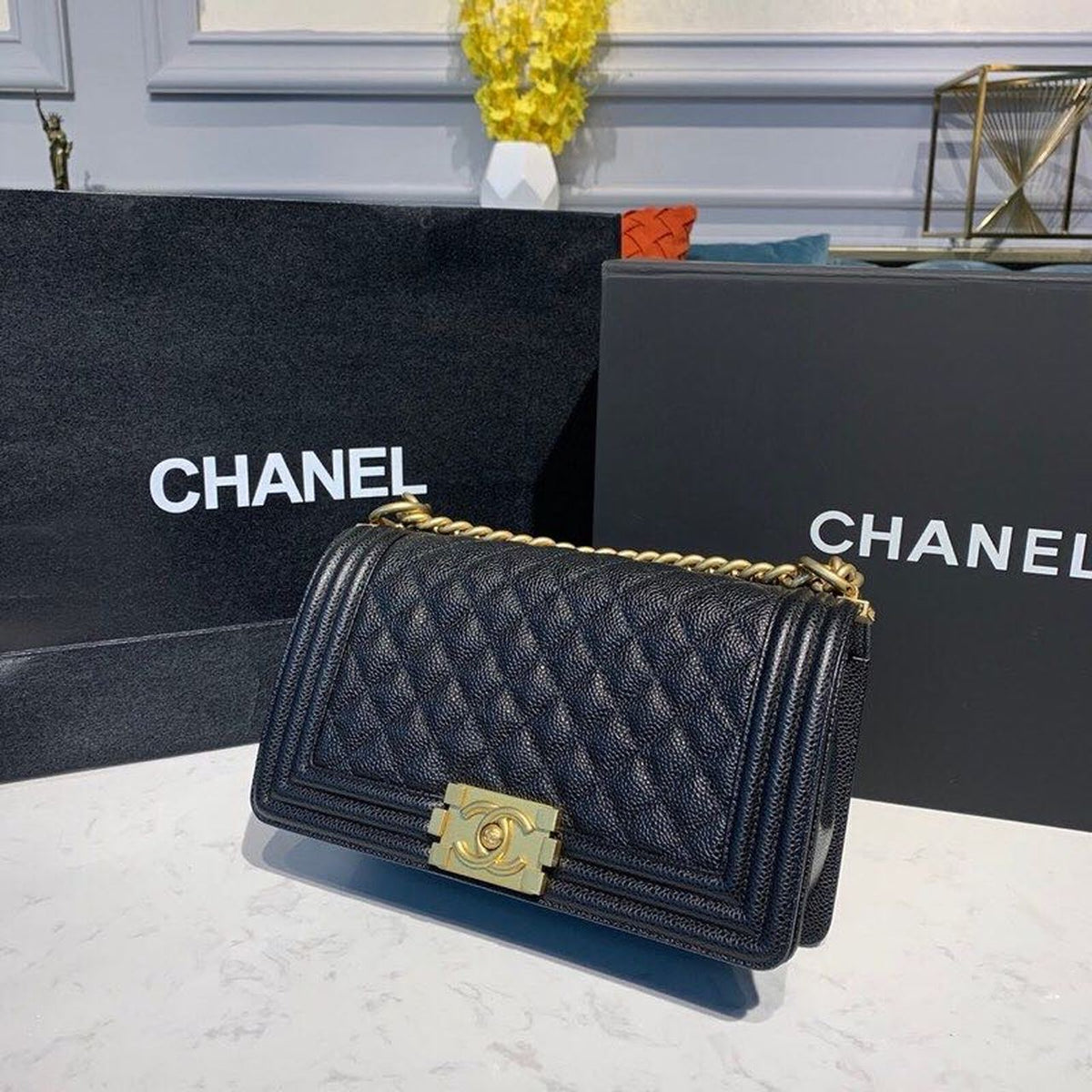 Chanel Quilted Boy Bag 25cm Caviar Leather Antique Gold Hardware Fall/Winter Act 1 Collection Black – product image 7