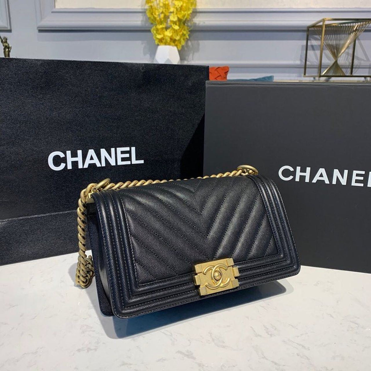 Chanel Quilted Boy Bag Caviar Leather Antique Gold Hardware Fall/Winter Act 1 Collection Black – product image 3