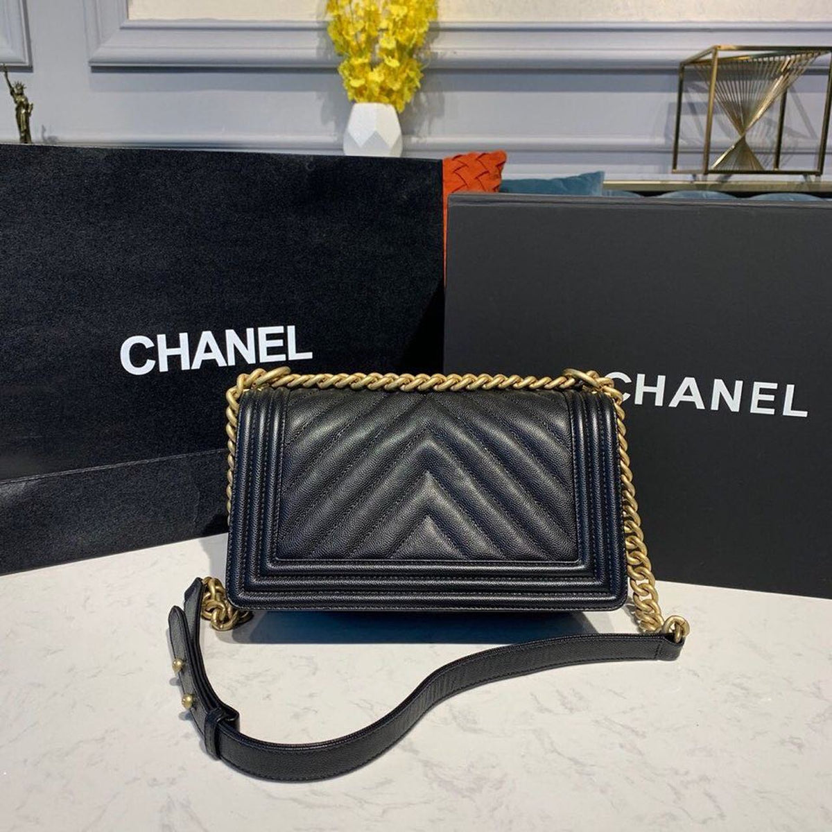Chanel Quilted Boy Bag Caviar Leather Antique Gold Hardware Fall/Winter Act 1 Collection Black – product image 6