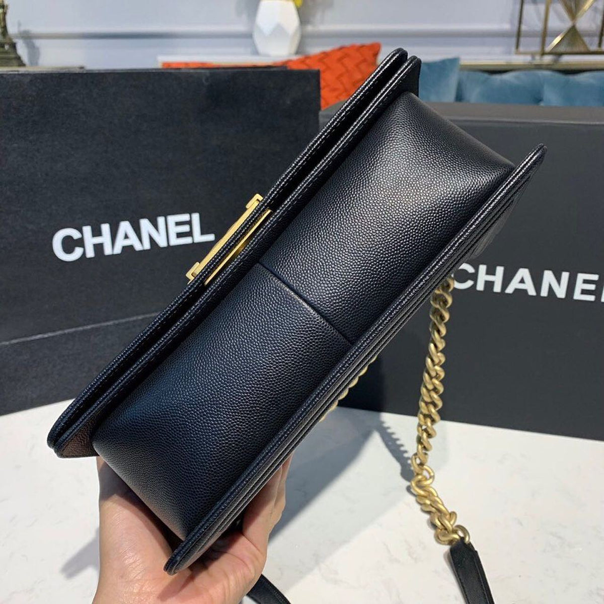 Chanel Quilted Boy Bag Caviar Leather Antique Gold Hardware Fall/Winter Act 1 Collection Black – product image 11