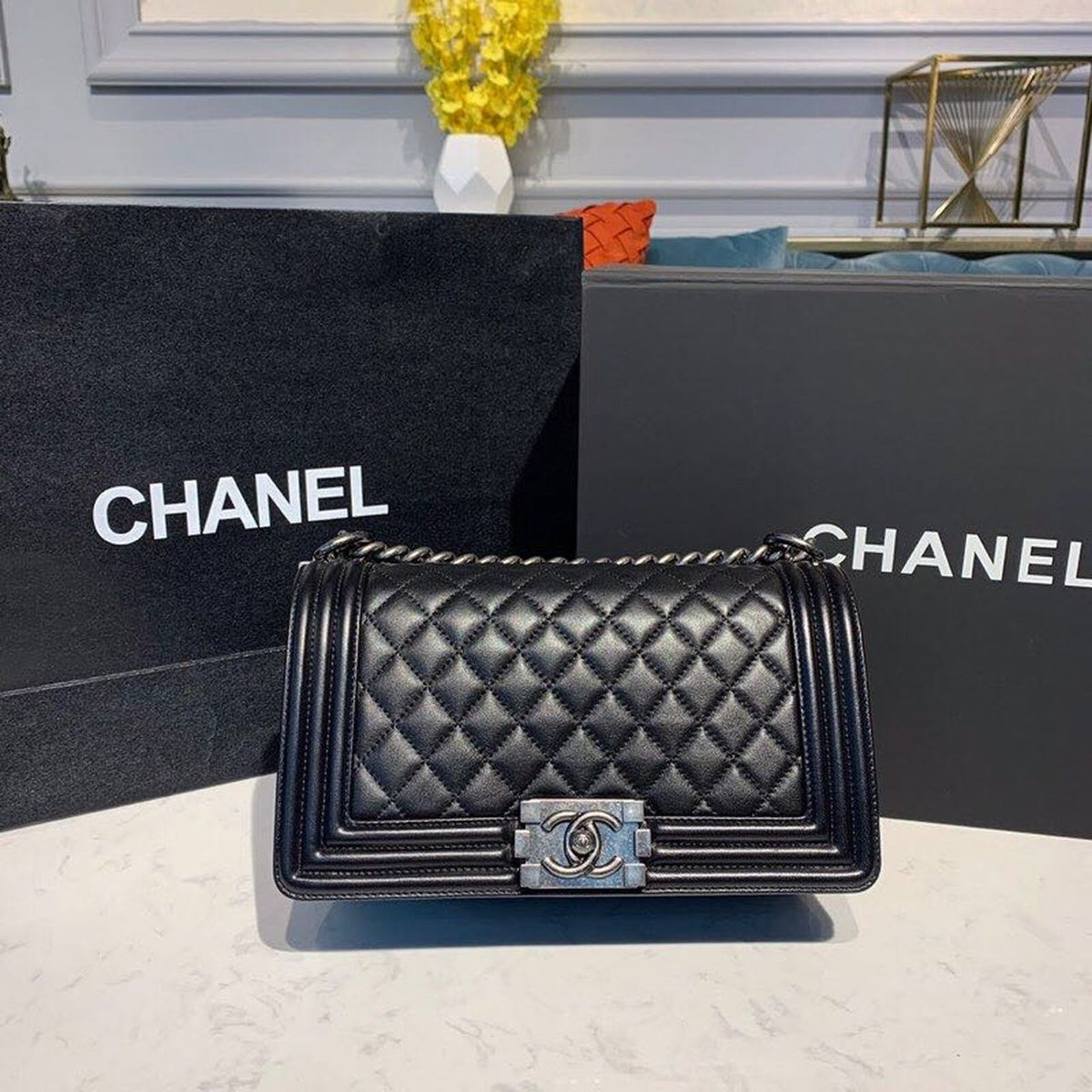 Chanel Quilted Boy Bag 25cm Lambskin Leather Antique Silver Hardware Fall/Winter Act 1 Collection Black – product image 1