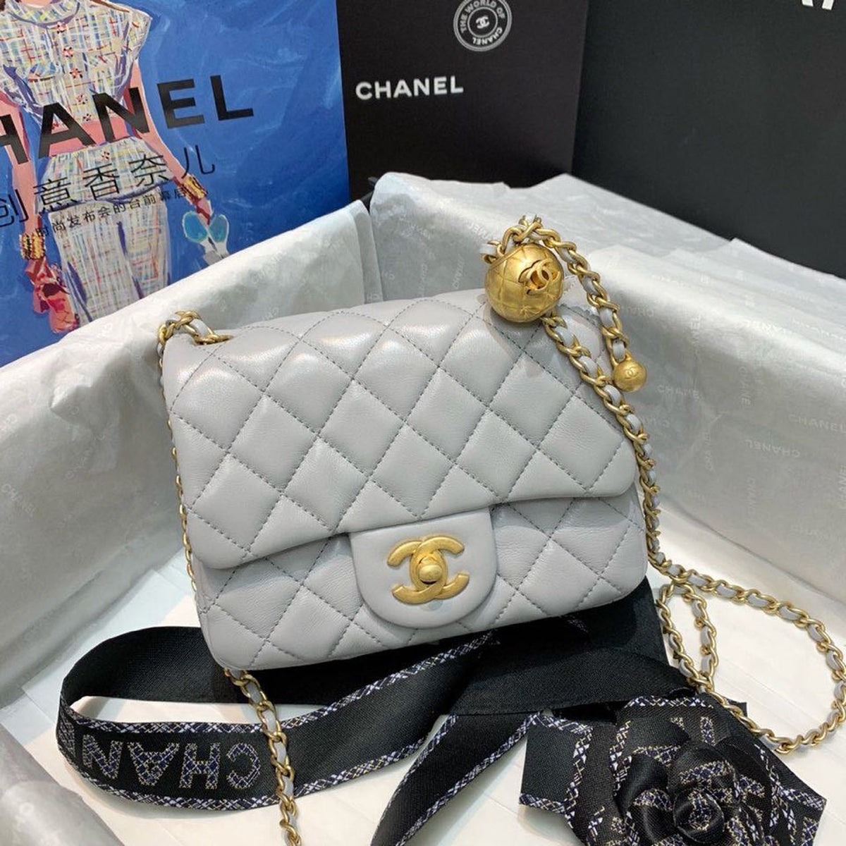 Chanel Classic Flap With Charm Chain With CC Details On Strap Bag 18cm Gold Hardware Lambskin Leather Spring/Summer…
