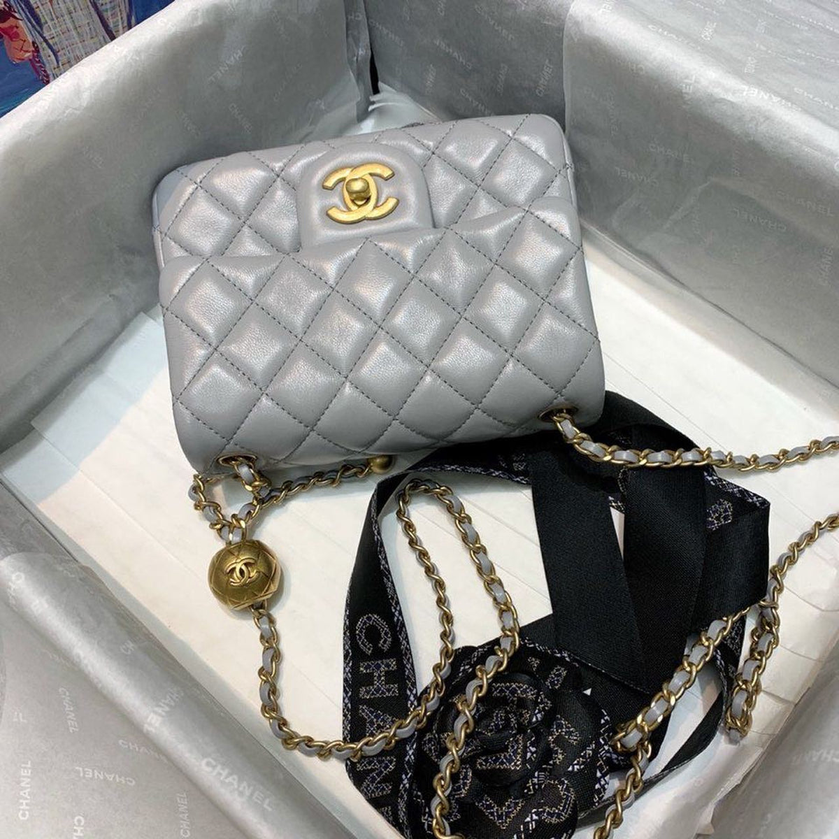 Chanel Classic Flap With Charm Chain With CC Details On Strap Bag 18cm Gold Hardware Lambskin Leather Spring/Summer…