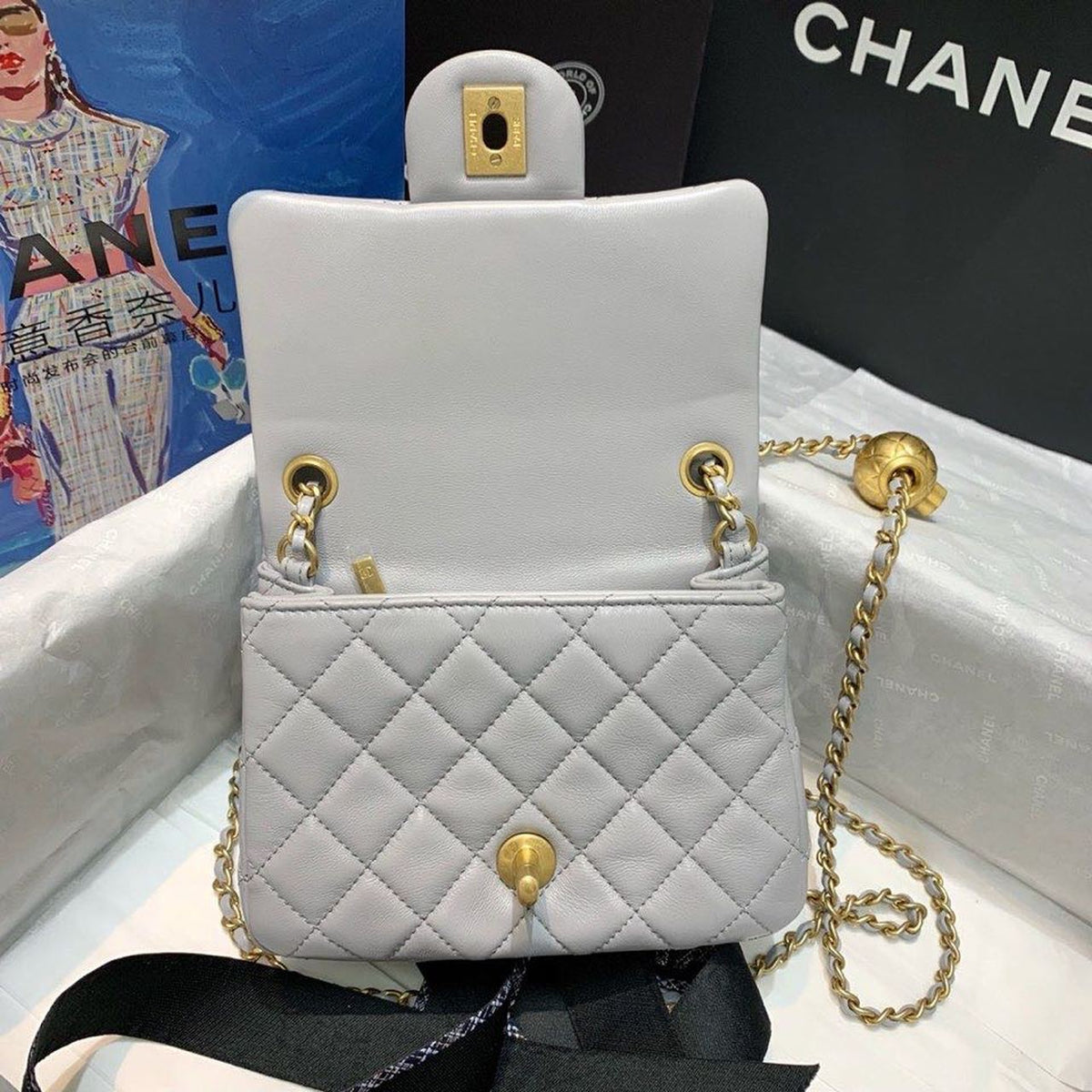 Chanel Classic Flap With Charm Chain With CC Details On Strap Bag 18cm Gold Hardware Lambskin Leather Spring/Summer…