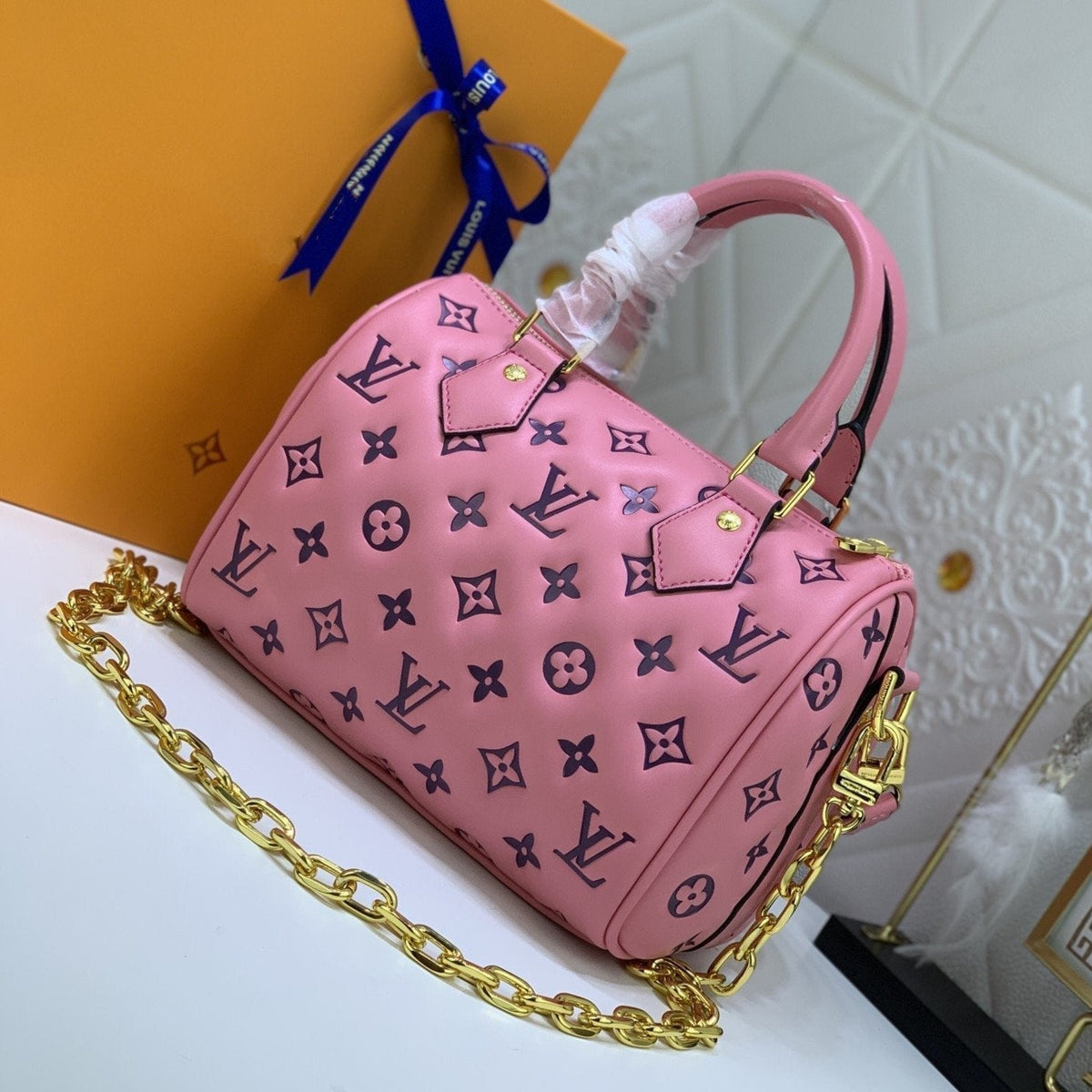 Speedy 22 Pink Black Monogram Embossed Lambskin