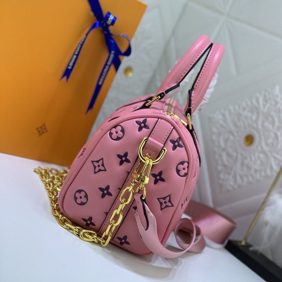 Speedy 22 Pink Black Monogram Embossed Lambskin