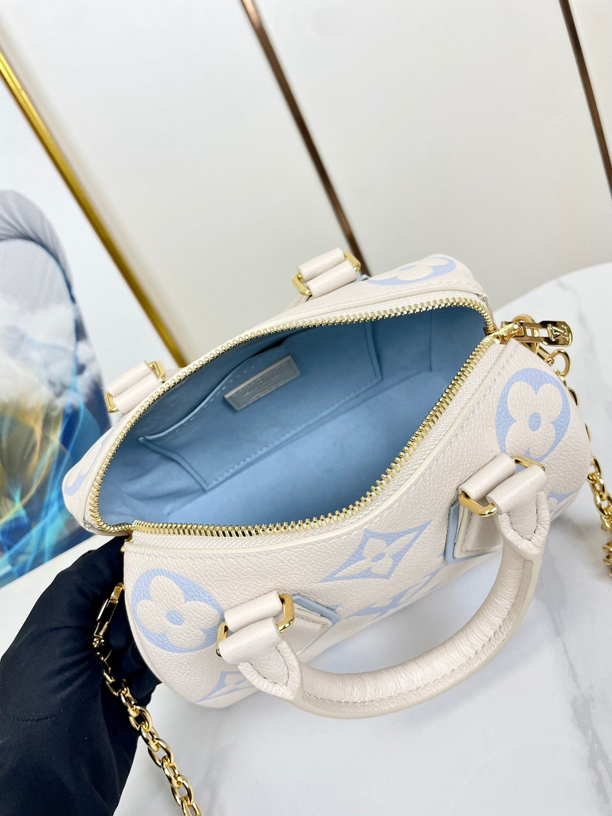 Speedy 20.5 White Blue Monogram Canvas