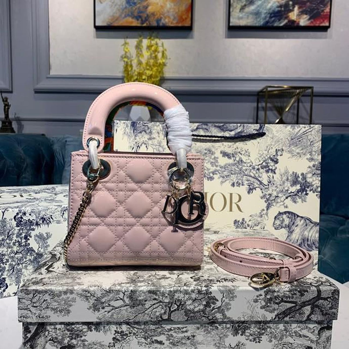 Christian Dior Mini Lady Dior Bag 18cm with Chain Gold Hardware Patent Leather Spring/Summer Collection, Light Pink –…