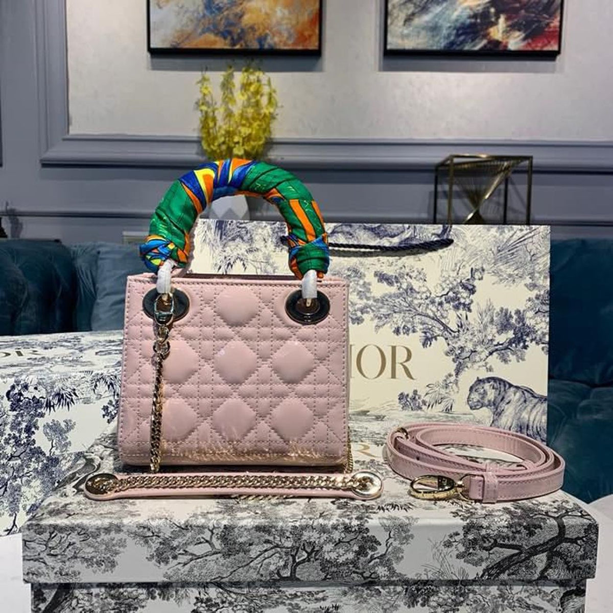 Christian Dior Mini Lady Dior Bag 18cm with Chain Gold Hardware Patent Leather Spring/Summer Collection, Light Pink –…